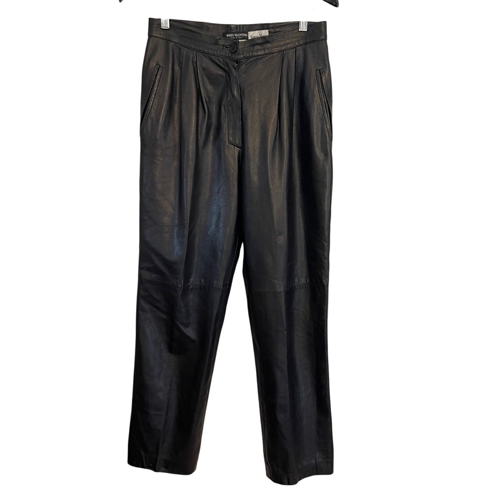 Mario Valentino Neiman Marcus Black Leather Pleated High‎ Waist Dress Pants